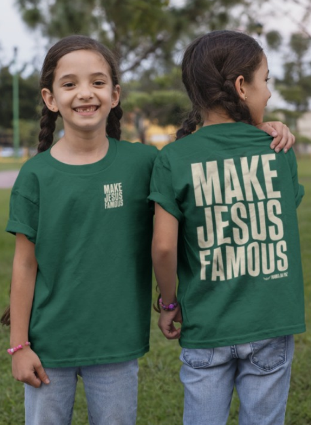 Kids T-shirt Make Jesus Famous (green)